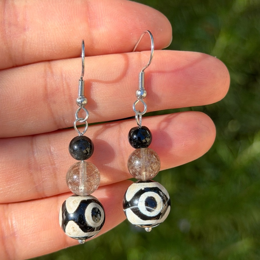 Stainless‎ steel black agate, black obsidian, smoky quartz drop earring 0394